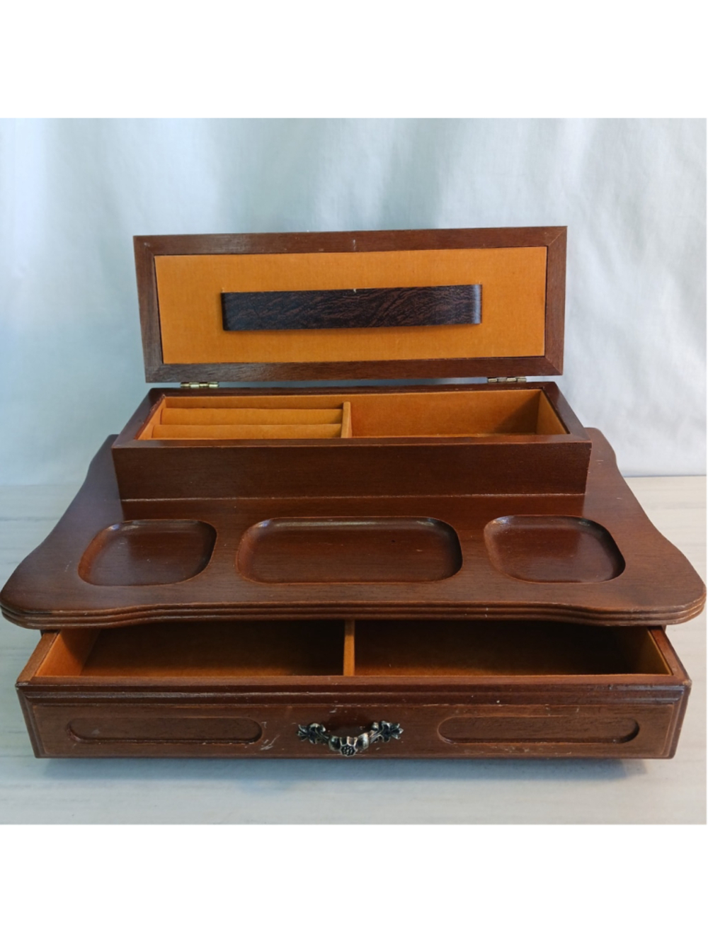 Vintage Wood Leather Men's 12"x7"x4" Valet Jewelry Box Organizer London Leather